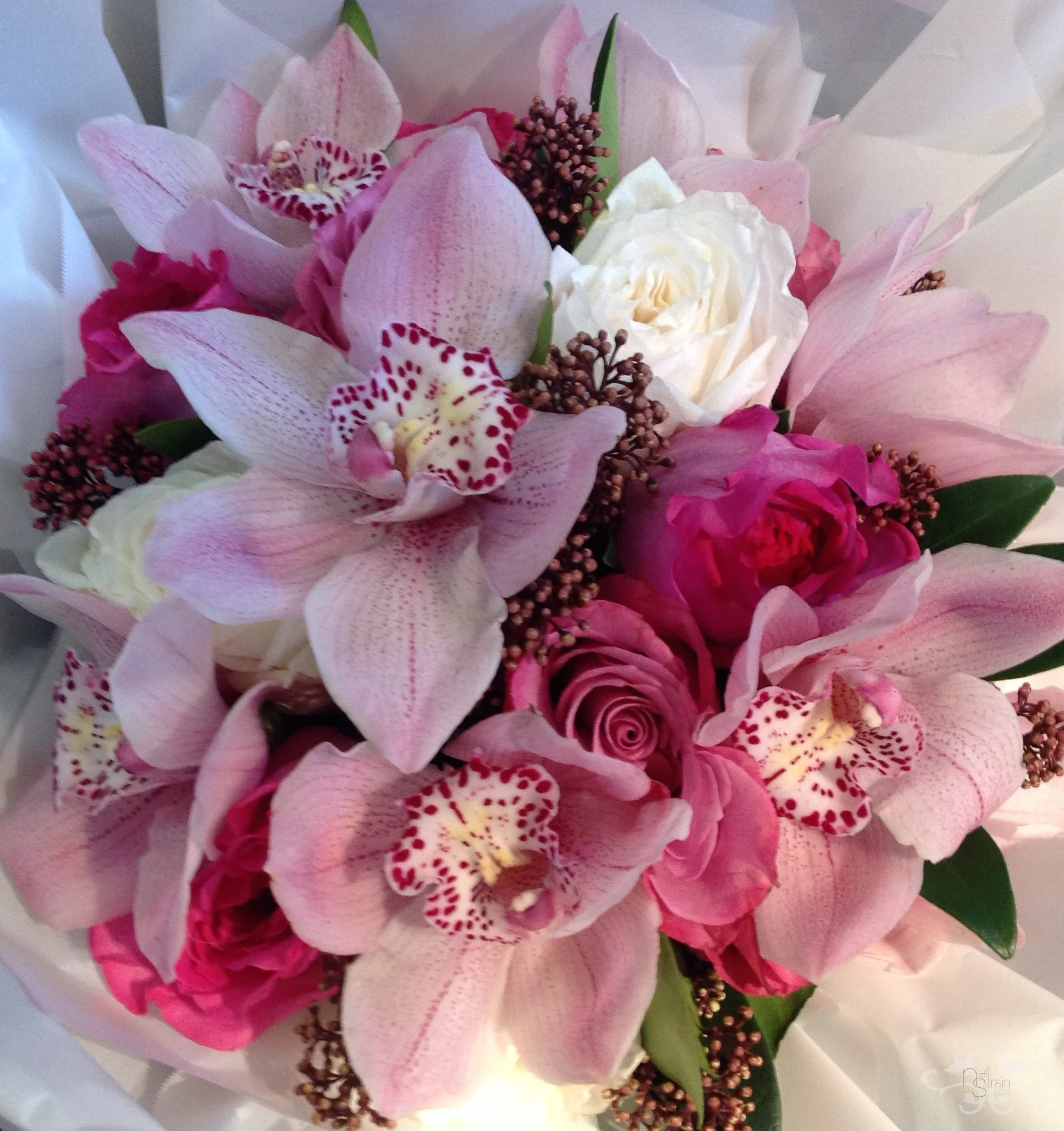 Roses, Cymbidium Orchids and Skimmia