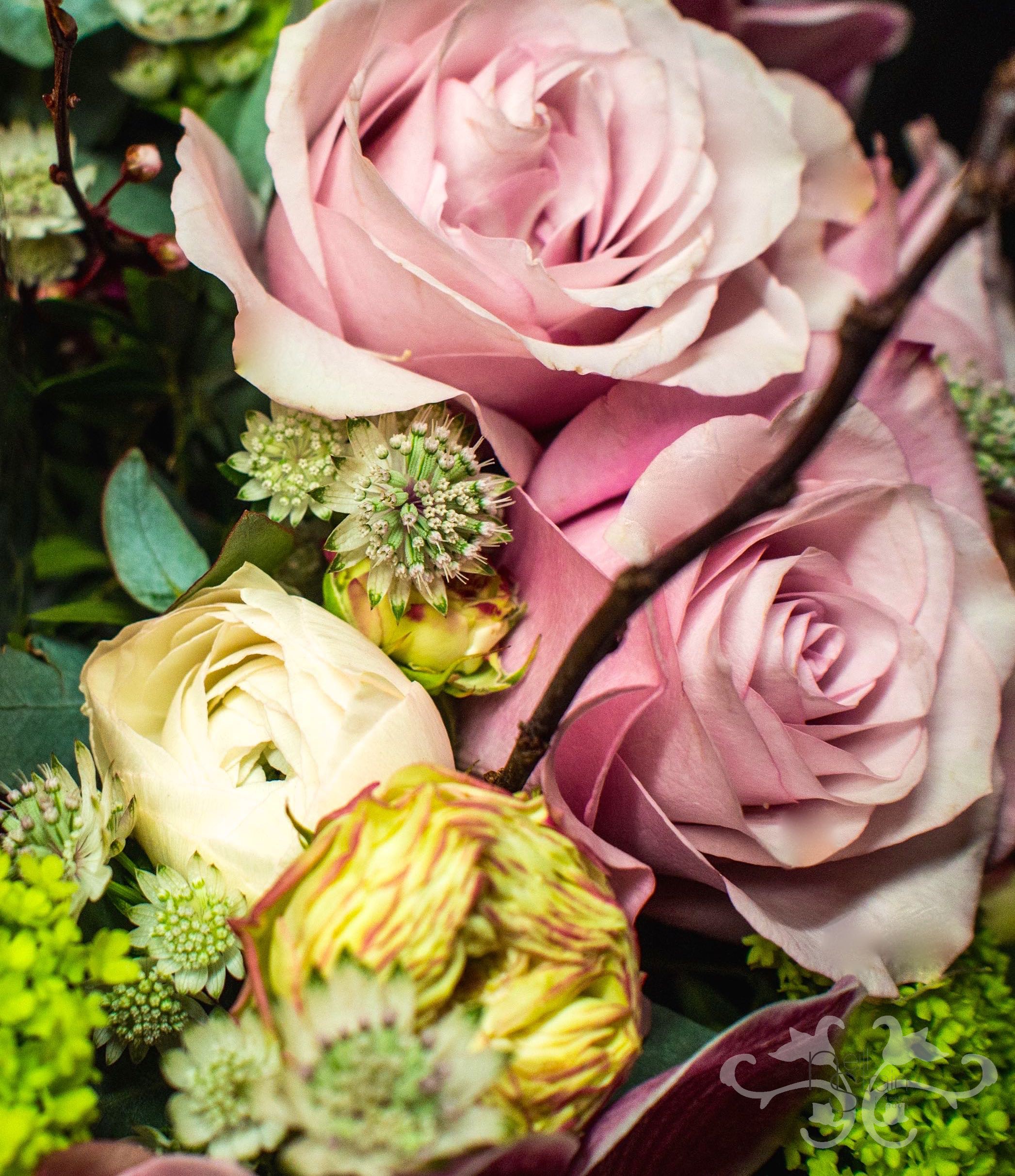 Roses, Astrantia and Blossom twigs