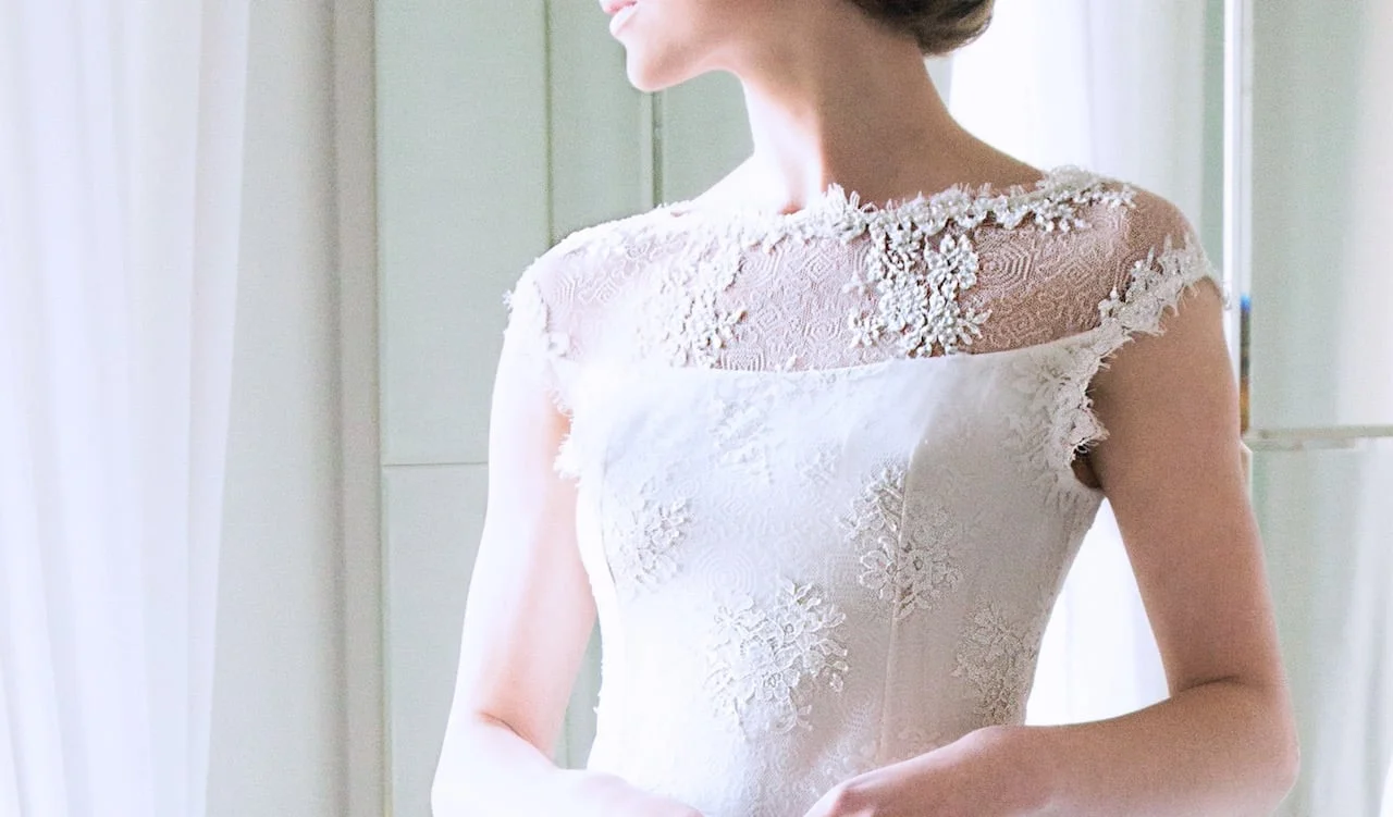 Detail of the Beaded Sheer Upper Basque of Louise Kennedy's bridal gown "Caroline"