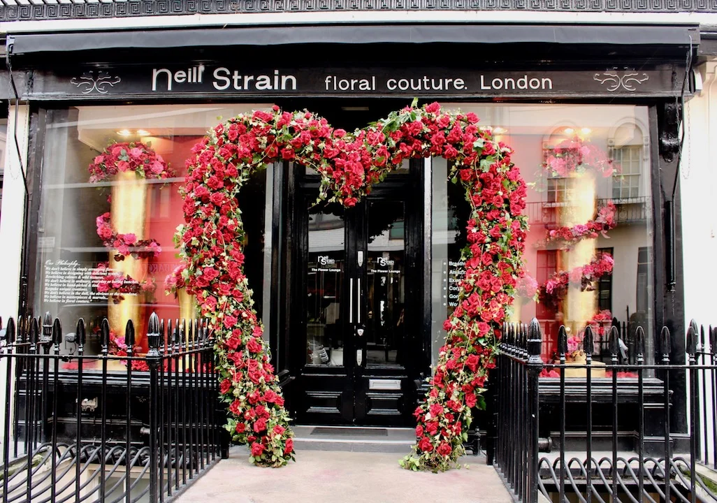 The floral heart installation at Neill Strain Floral Couture is one of London's most photographed venues for Valentine's Day.
