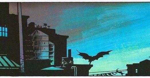 BMYR1/1986 call and response...that image of Batman on the roof from Year 100, split cape and running, is an homage to this panel from Miller/Mazzuchelli Year One.