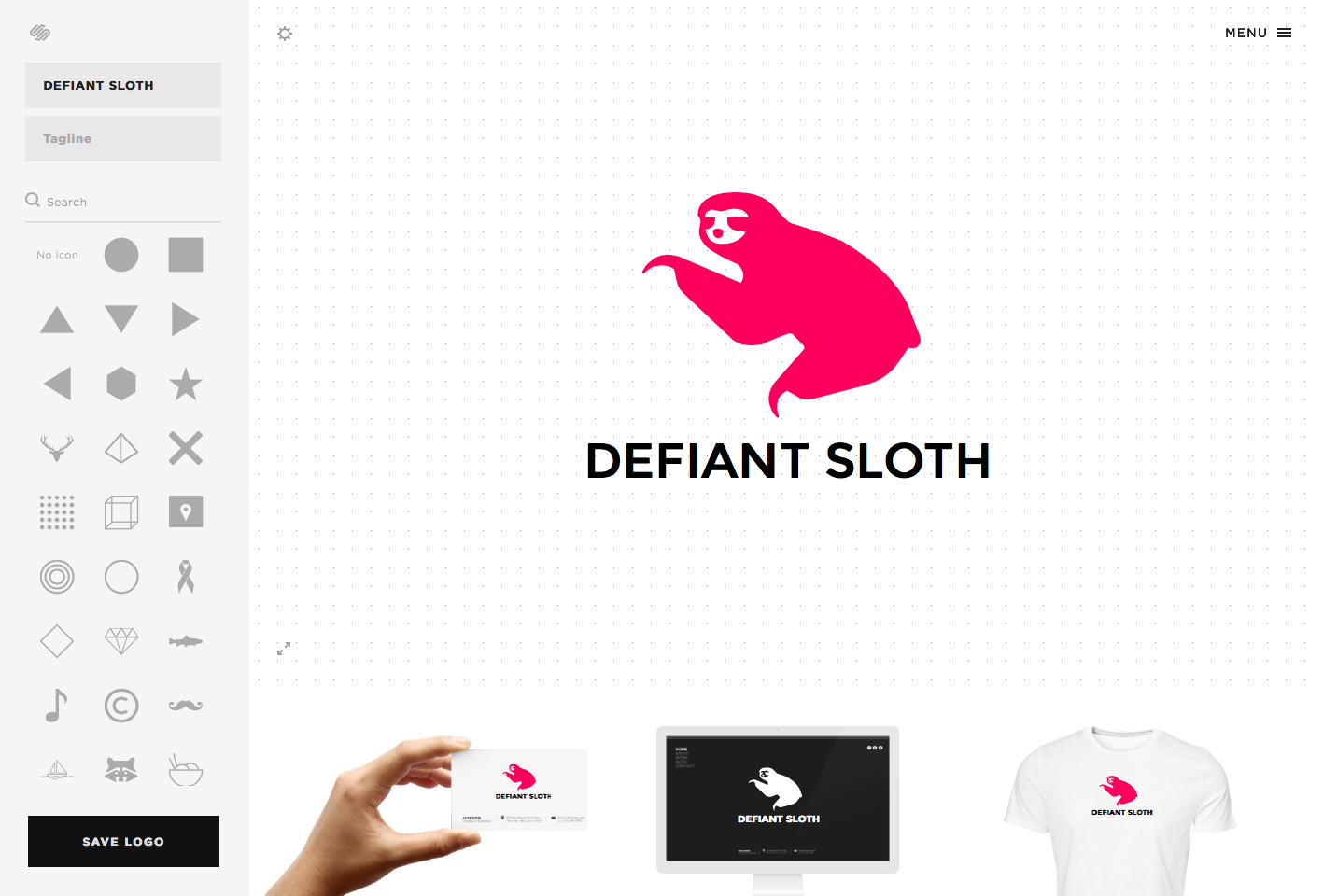 My editing canvas for Defiant Sloth's new logo. Squarespace shows what the logo looks like across a few physical objects, too, like a business card and t-shirt. Nice details.