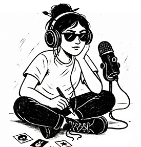 Black and white illustration of a young person sitting cross-legged, wearing headphones and sunglasses, holding a pencil and sketching on a piece of paper. They are near a vintage microphone, with some small cards scattered on the ground, including one with a skull symbol, another with a star, and a third with a moon.