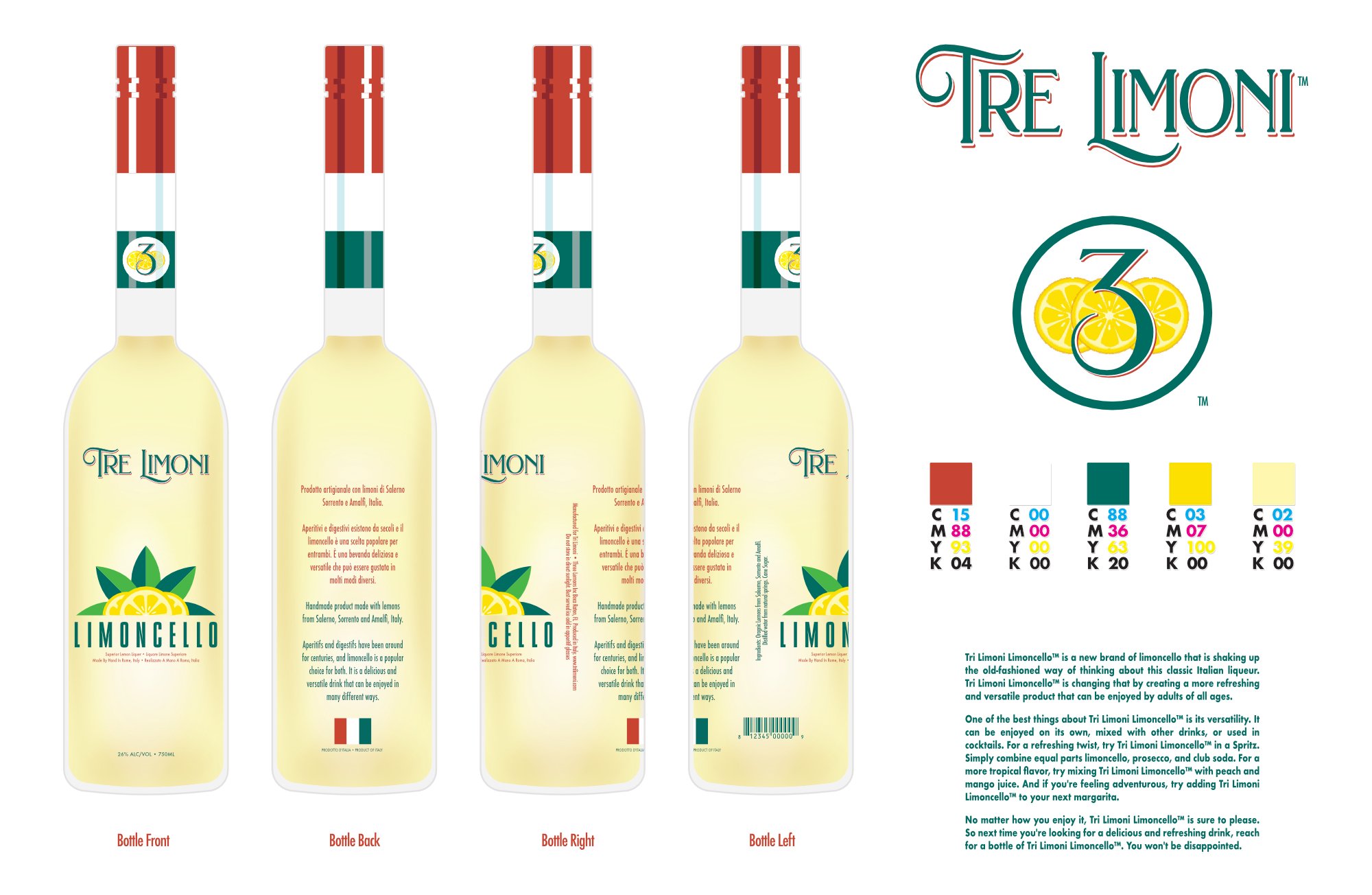 Tres Limoni®  Limoncello. Logo and Bottle Designs by me.