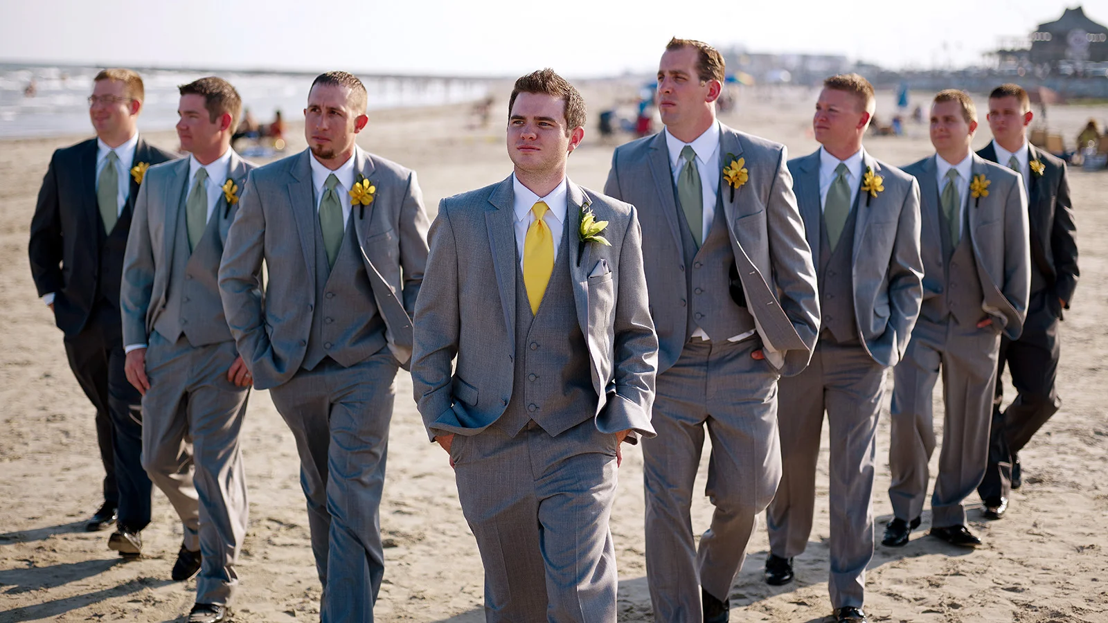Modern groomsmen photo at the Seawall in Galveston, Texas.