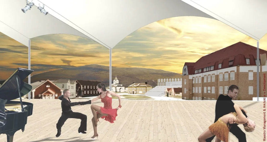 Adding buildings in different styles improves the square, while maintaining views and the church prominence.