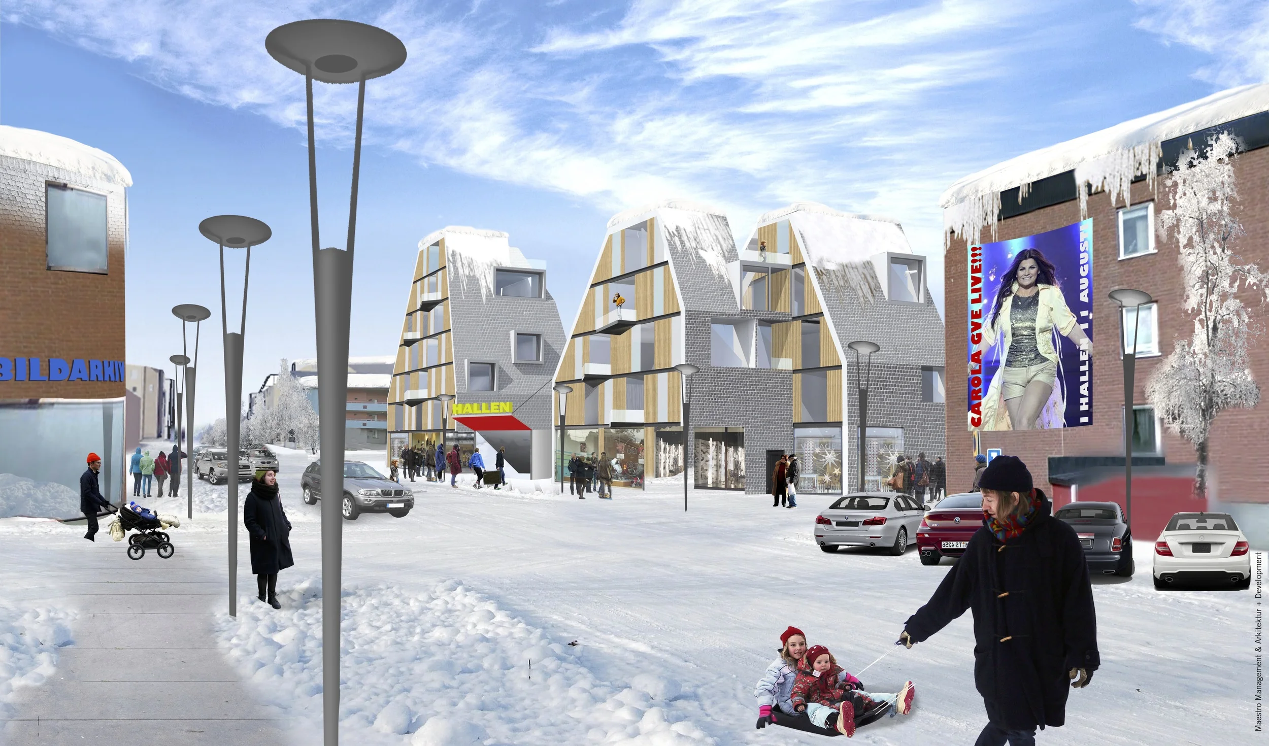 An ice arena can be put diagonally, with houses, shops and offices on the corners. Then the arena can be placed in the city center without creating dead facades or streets.