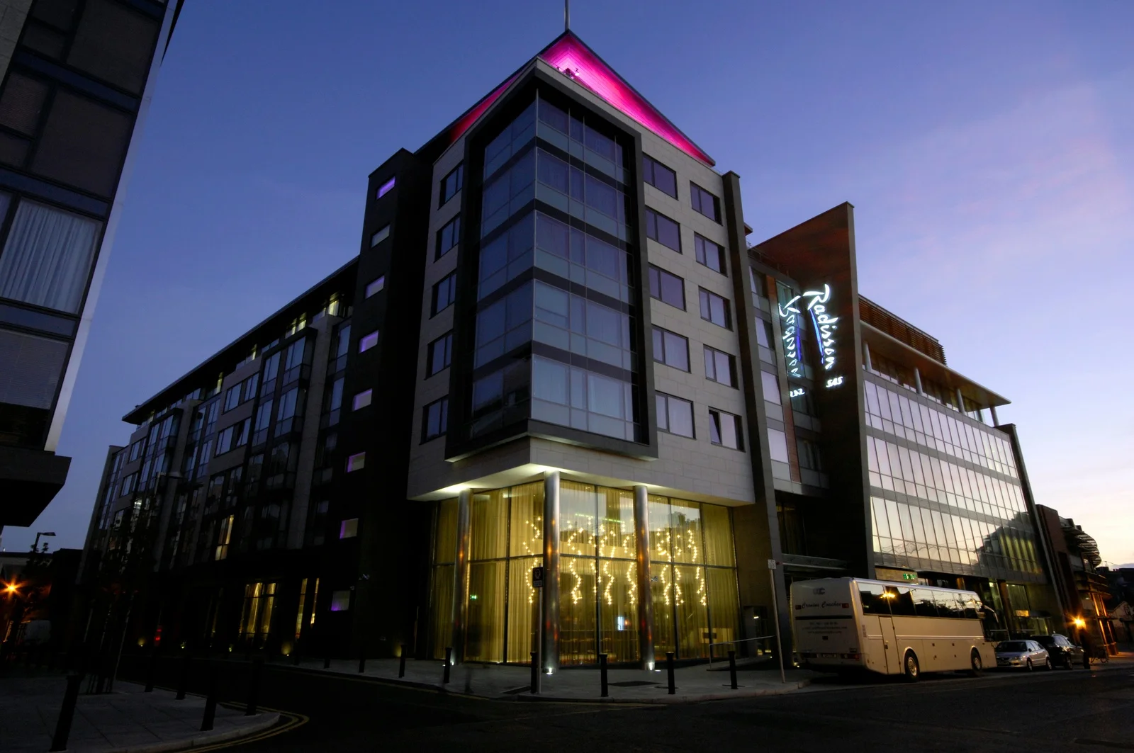 Radisson SAS hotel Dublin; colour changing uplighting to VIP bar balcony