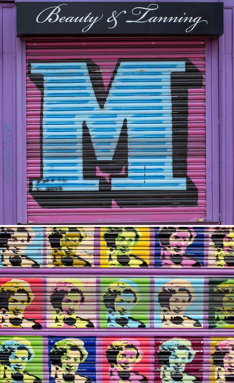 Painting on roller shutters is more difficult that a flat wall, but that doesn't stop artists like Eine getting up all over East London with his letters. This on is at the top (North) end of Brick Lane, corner of Padbury Ct.