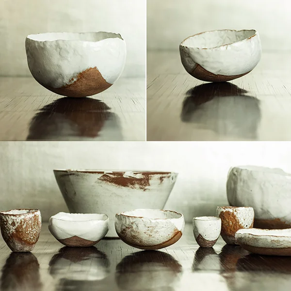 A selection of Snow White Rustic Ceramic bowls, cups and dishes. The dark wood offered great contrast to the lighter glaze.