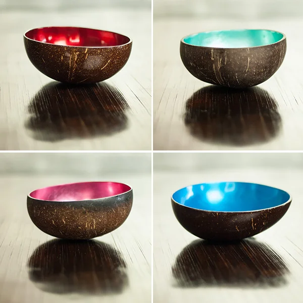 Coco Bowls, again appearing to float. The focal point is the front edge of the bowls, clearly showing the grain of the wood while the rich colours are softened behind.