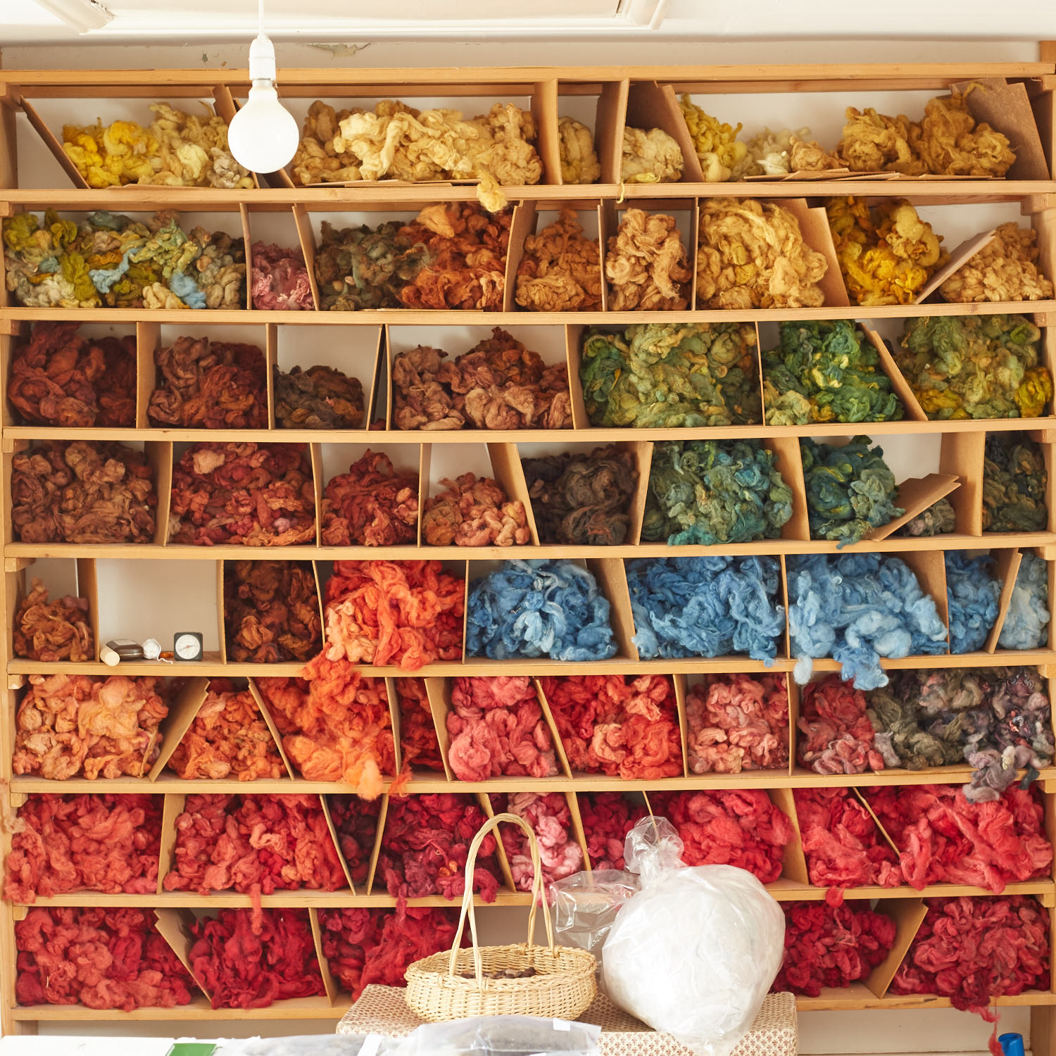 Over the years, Anne has amassed many interesting artefacts and her house is a treasure trove of all things connected with spinning and weaving – fleeces dyed and undyed, spindles, bobbins and a huge loom. 