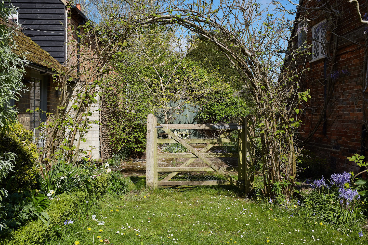 An archway covers the gate to the side of the garden next to the studio.