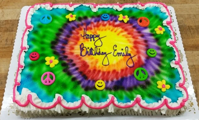 Tie Dye Sheet Cake with Peace Signs and Happy Faces