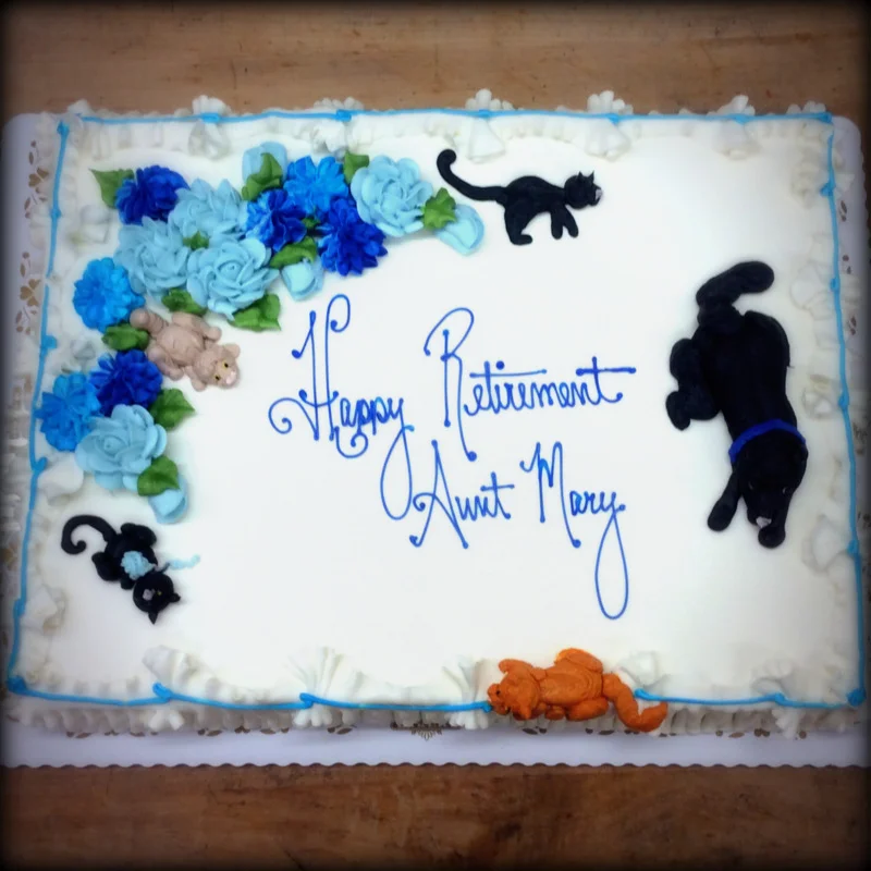 Retirement Sheet Cake with Piped Cats