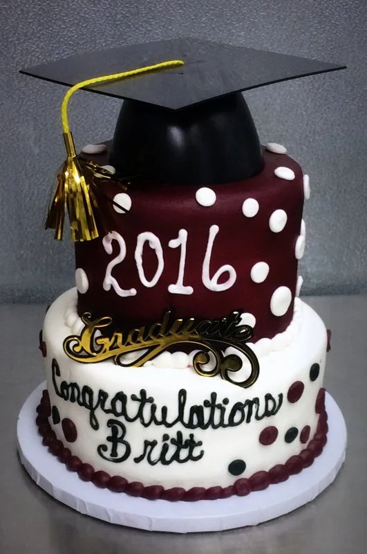 Chocolate and White Graduation Party Cake with Polka Dots