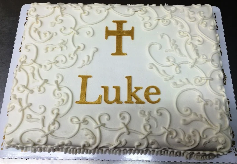 Scroll Work Religious Sheet Cake with Fondant Cross and Name