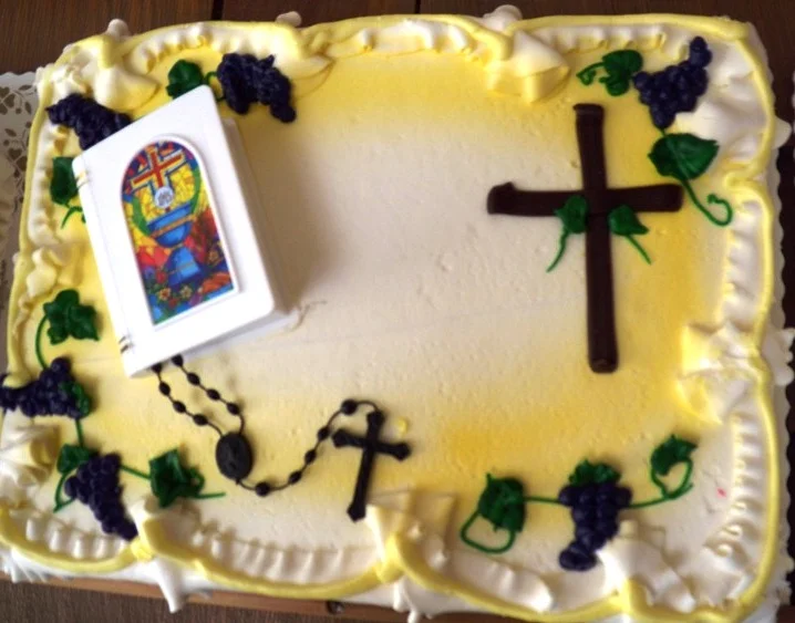 Sheet Cake with Rosary and Wooden Cross