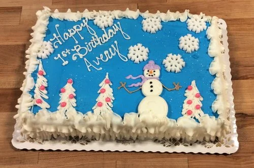 Sheet Cake with White Trees and Snowman