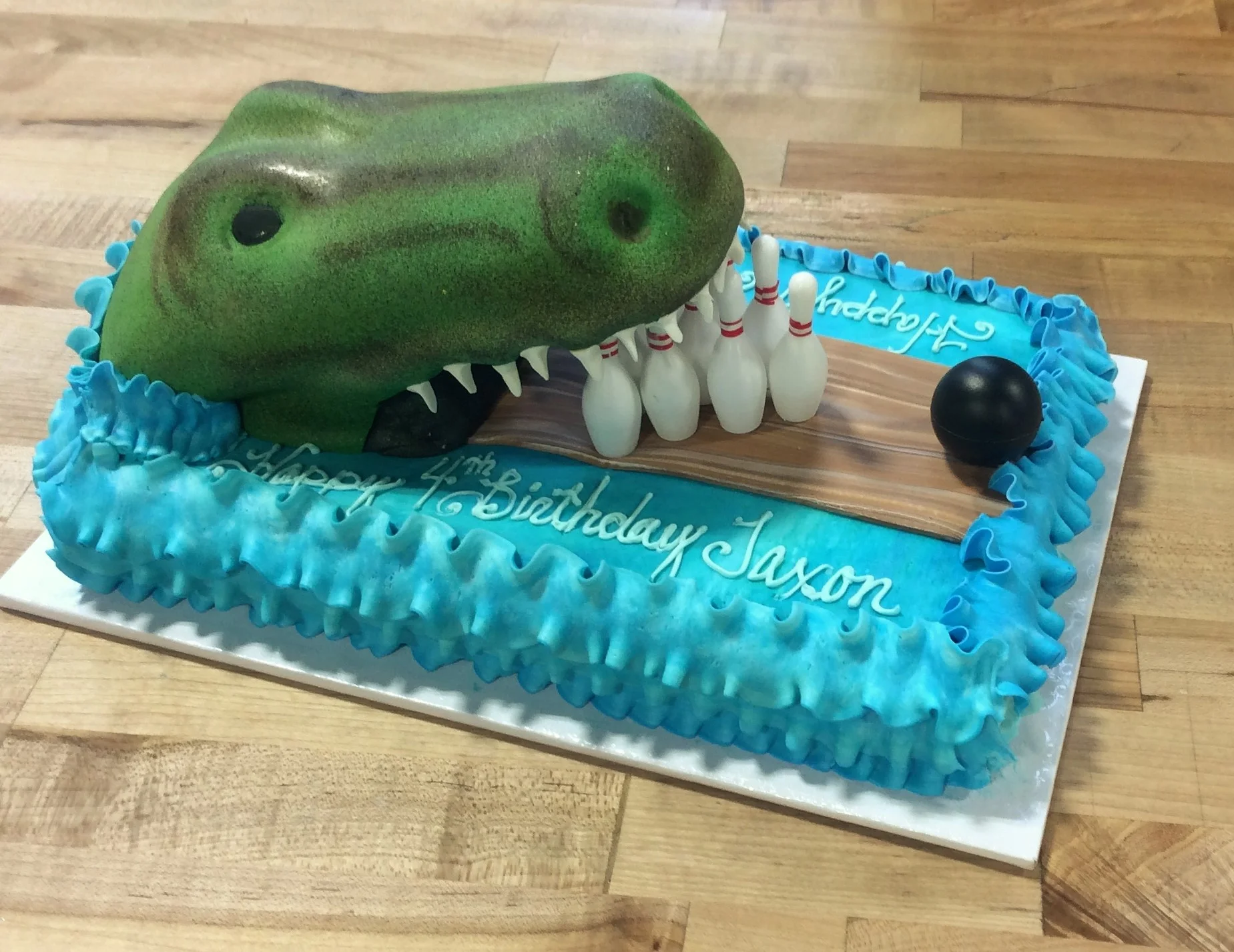 Sheet Cake with Sculpted Alligator and Bowling Scene