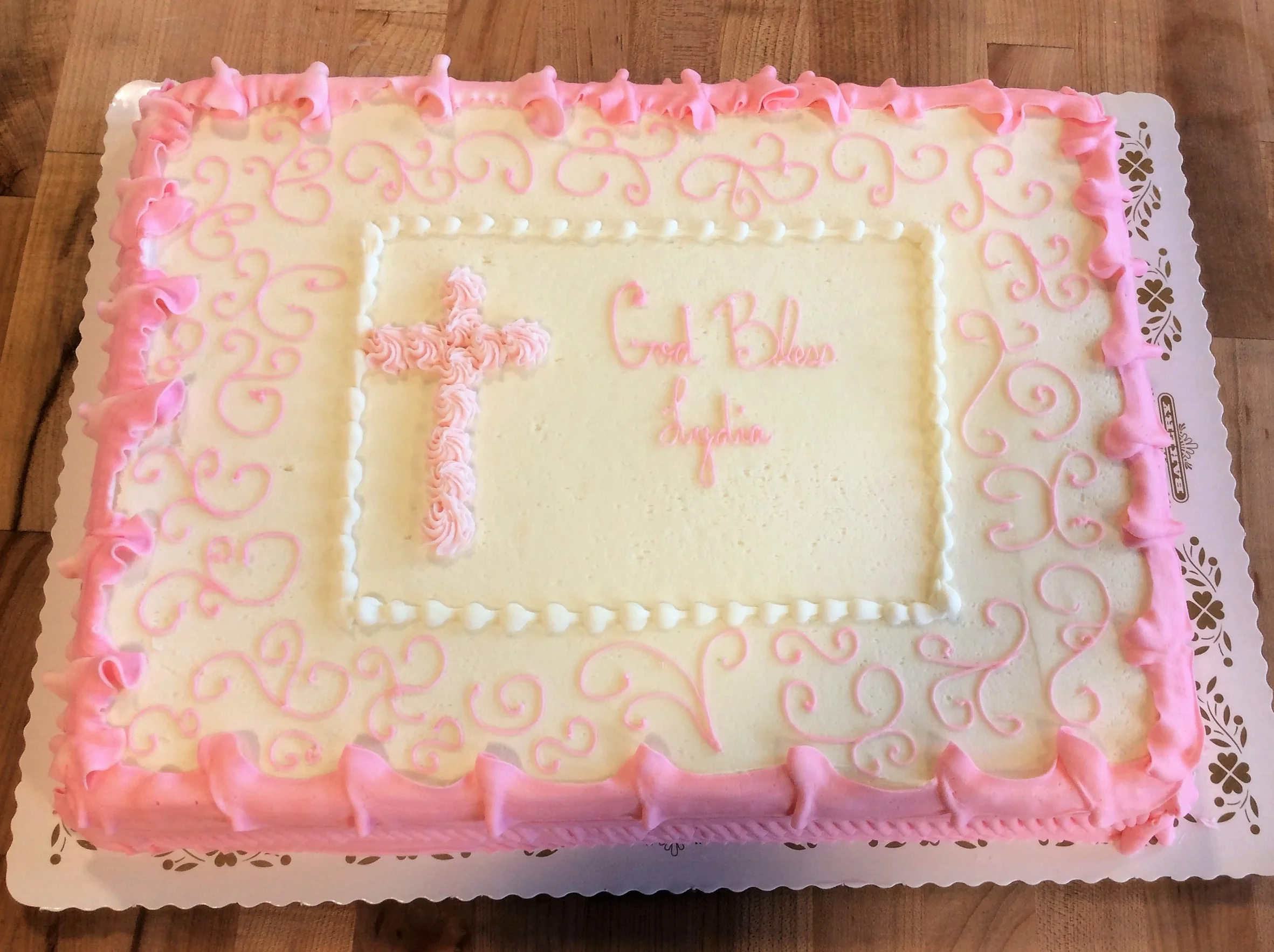 Sheet Cake with Scrollwork and Piped Cross