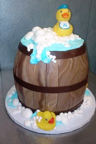 Barrel Shaped Cake with Rubber Ducks
