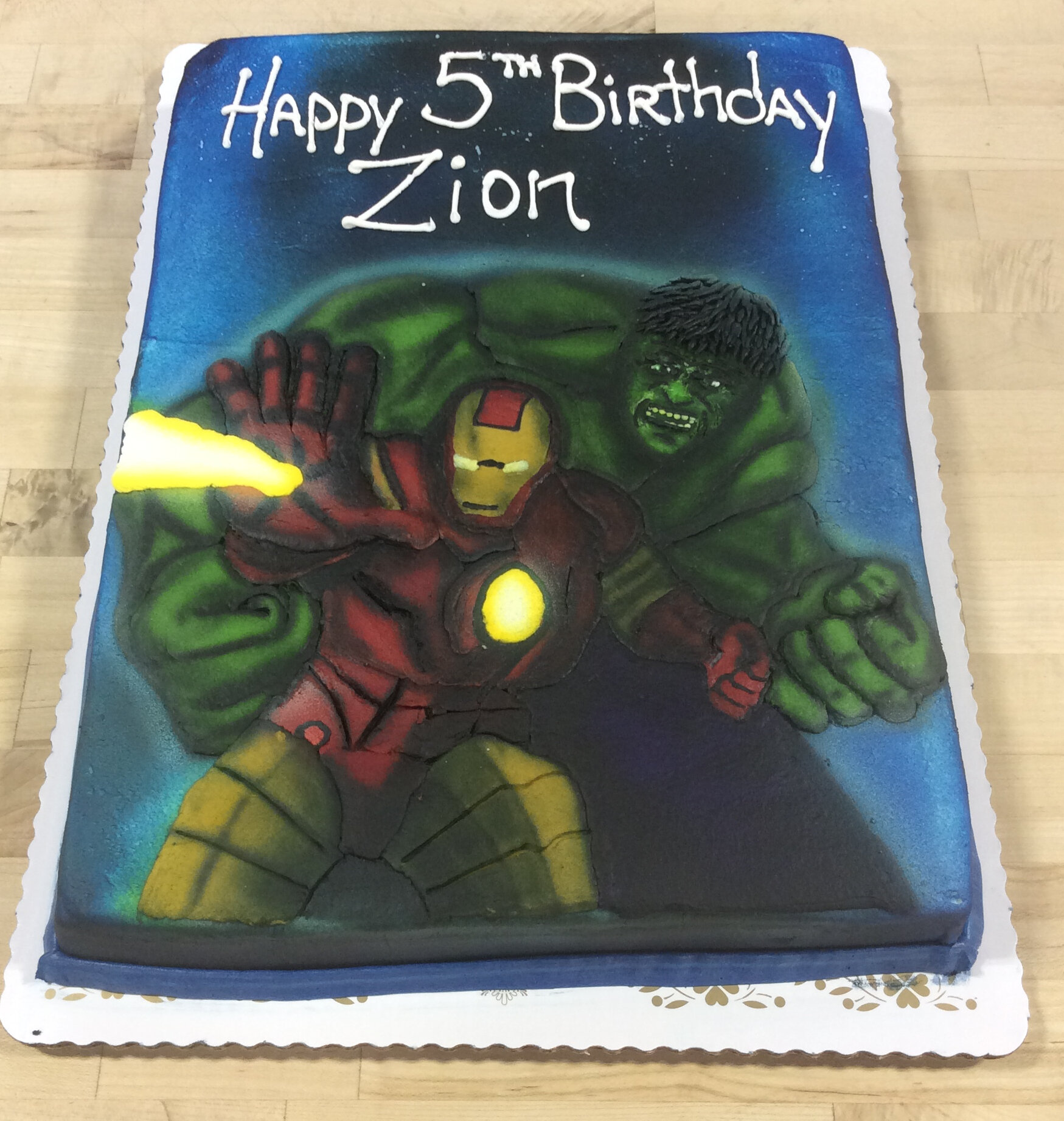 Airbrushed Superhero Hulk and Ironman Cake.JPG