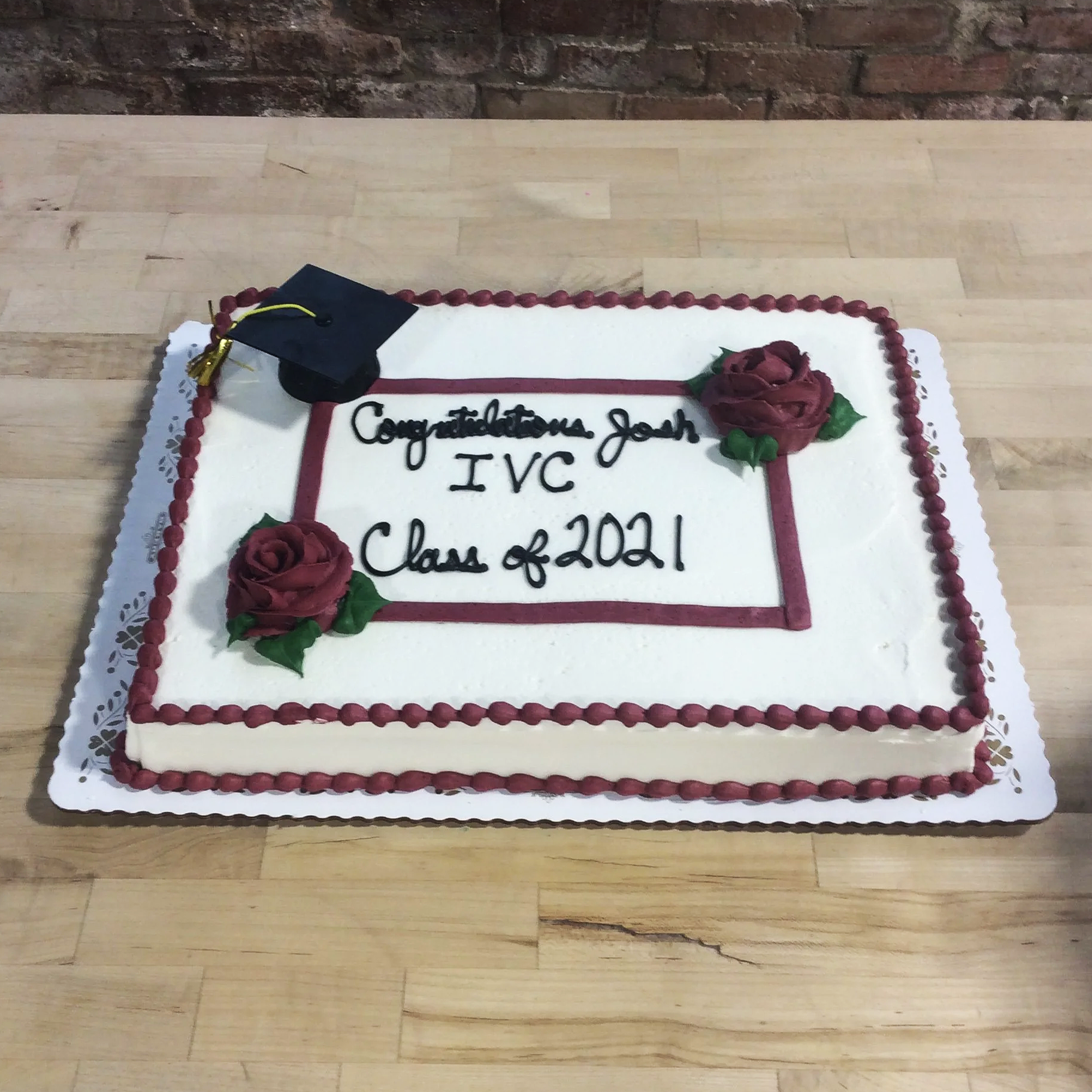 Graduation Bead Border Sheet Cake with Grad Cap and Big Roses