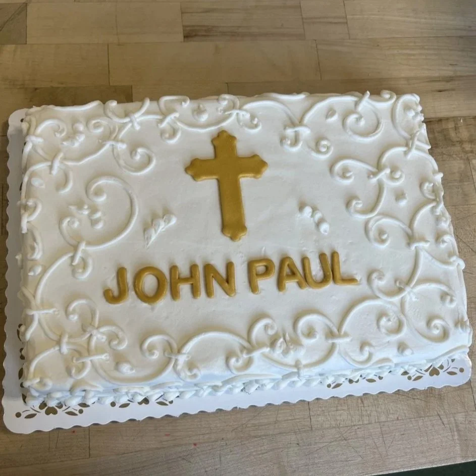 Scroll Work Religious Sheet Cake with Fondant Cross and Name