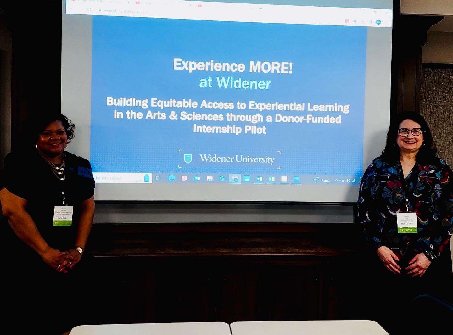 DVSAC 2023 breakout session: Building Equitable Access to Experiential Learning in the Humanities and Social Sciences through a Donor-Funded Internship Pilot. Presented by Dr. Janet Long and Dr. Nicole Rayfield from @wideneruniversity #DVSAC1974