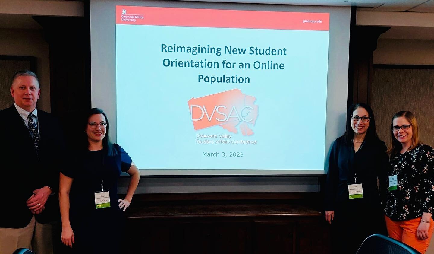 DVSAC 2023 breakout session: Reimagining New Student Orientation for an Online Student Population. Presented by Mike Hertel, Erica Dercole, Sarah Smalarz, and Carol Ribner from @gmercyu #DVSAC1974