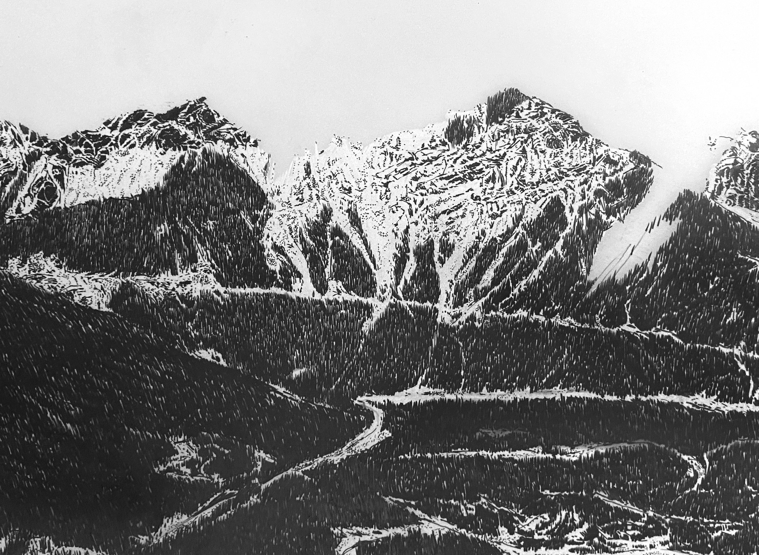 Cradle (Canmore) detail, 2022 Drafting film, graphite and white pencil crayon, 36” x 101.75”