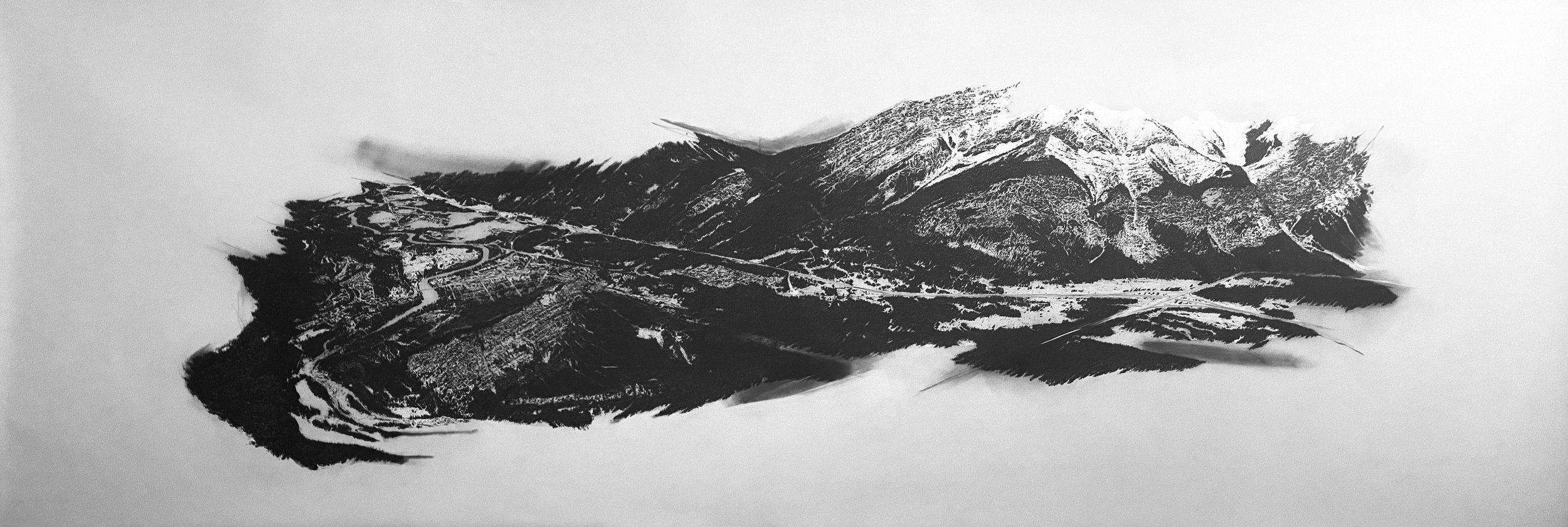 Descendant (Banff), 2022 Drafting film, graphite and white pencil crayon, 36” x 101.75”