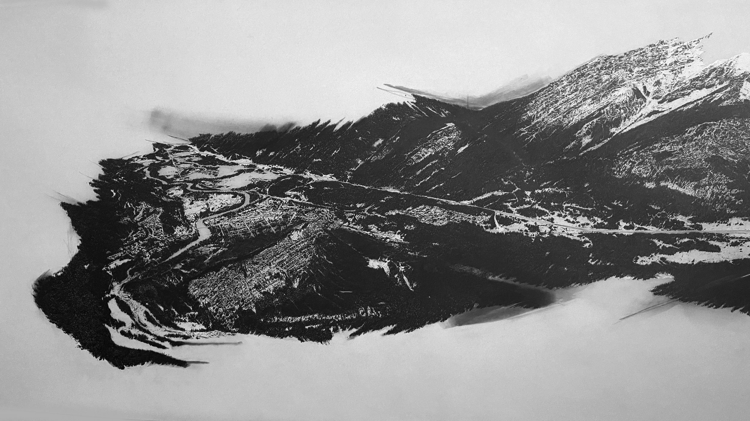 Descendant (Banff), 2022 Drafting film, graphite and white pencil crayon, 36” x 101.75”