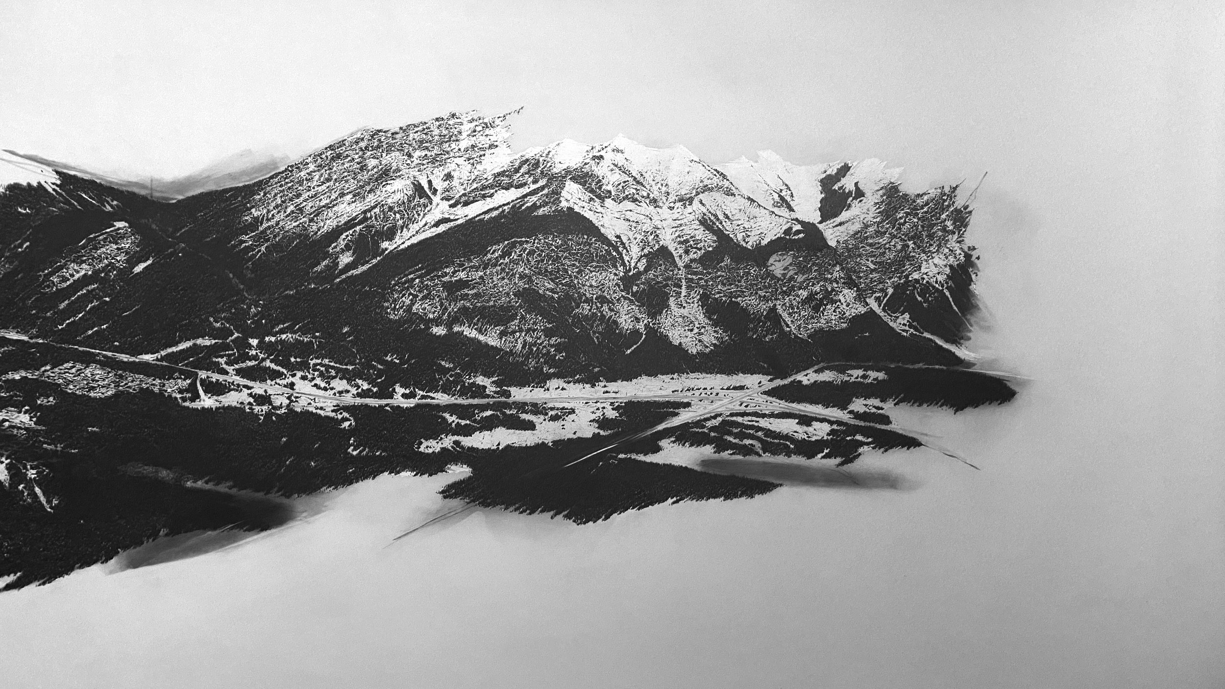 Descendant (Banff), 2022 Drafting film, graphite and white pencil crayon, 36” x 101.75”
