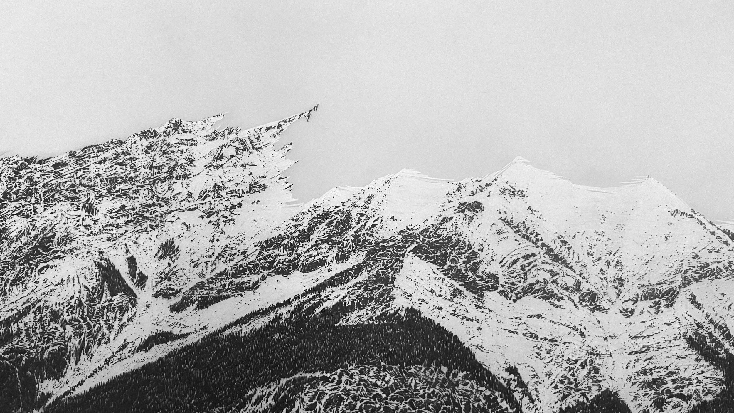 Descendant (Banff), 2022 Drafting film, graphite and white pencil crayon, 36” x 101.75”