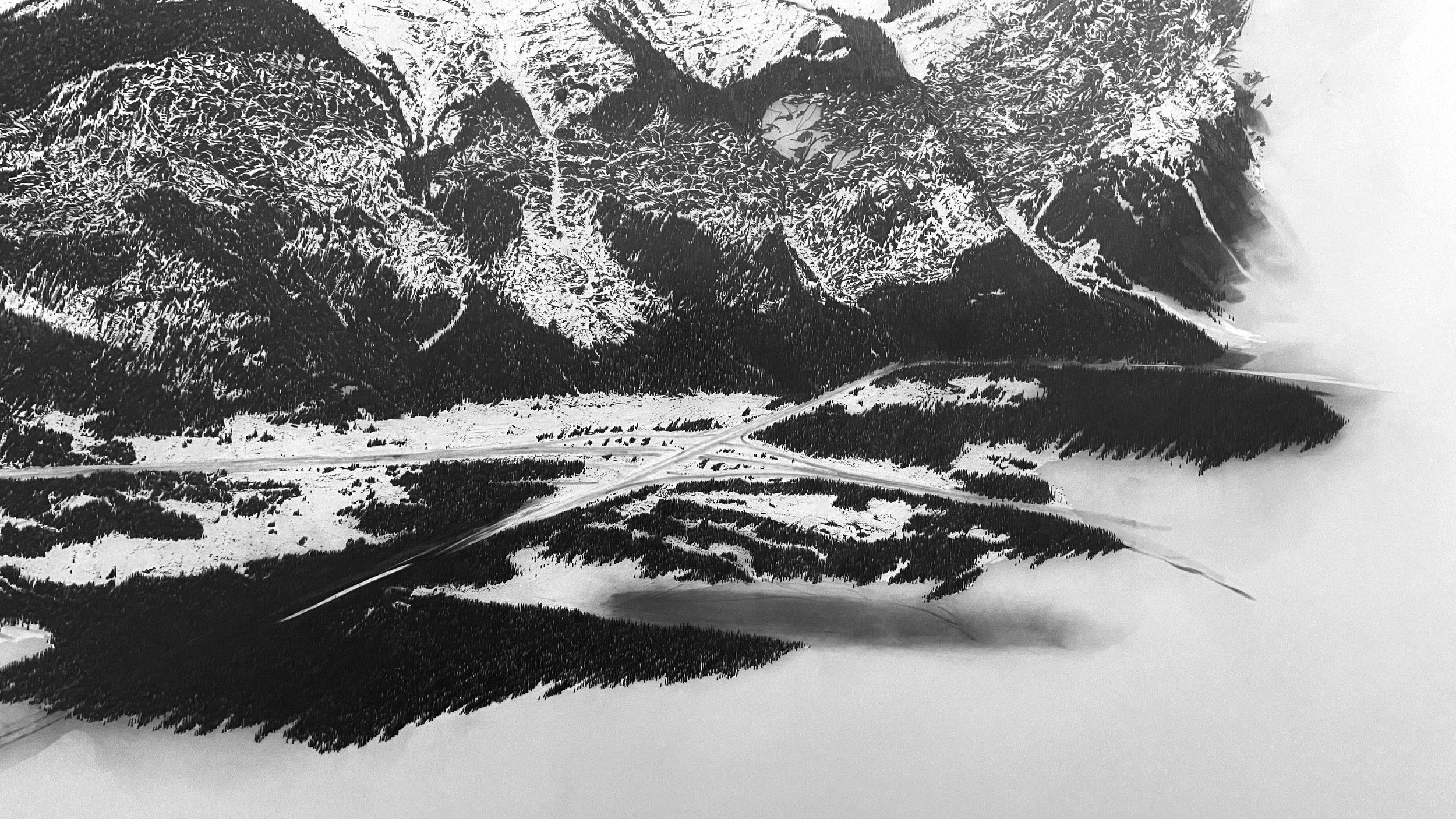 Descendant (Banff), 2022 Drafting film, graphite and white pencil crayon, 36” x 101.75”