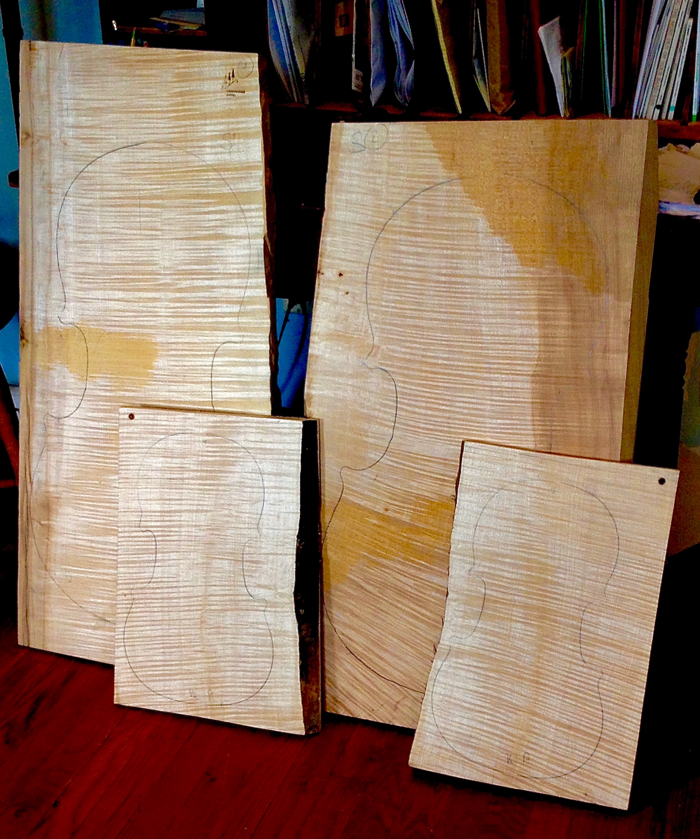 A pair of extremely rare one-piece quarter cut maple cello backs. And with them, matching viola backs. I alos have violin backs to match -- the wood for two quartets.