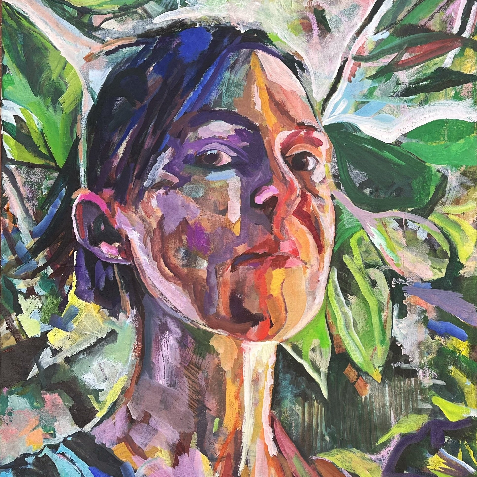 A colorful, abstract portrait of a woman with dark hair and wide eyes, surrounded by green foliage.