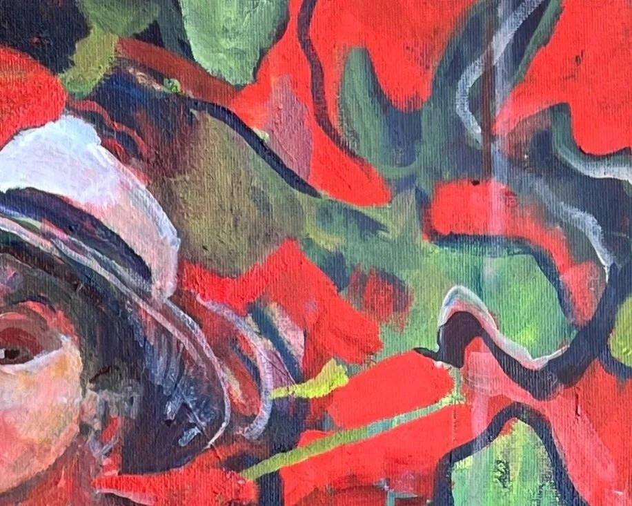 Close-up of an abstract painting with bright red, green, black, and white colors, featuring bold brushstrokes and irregular shapes.