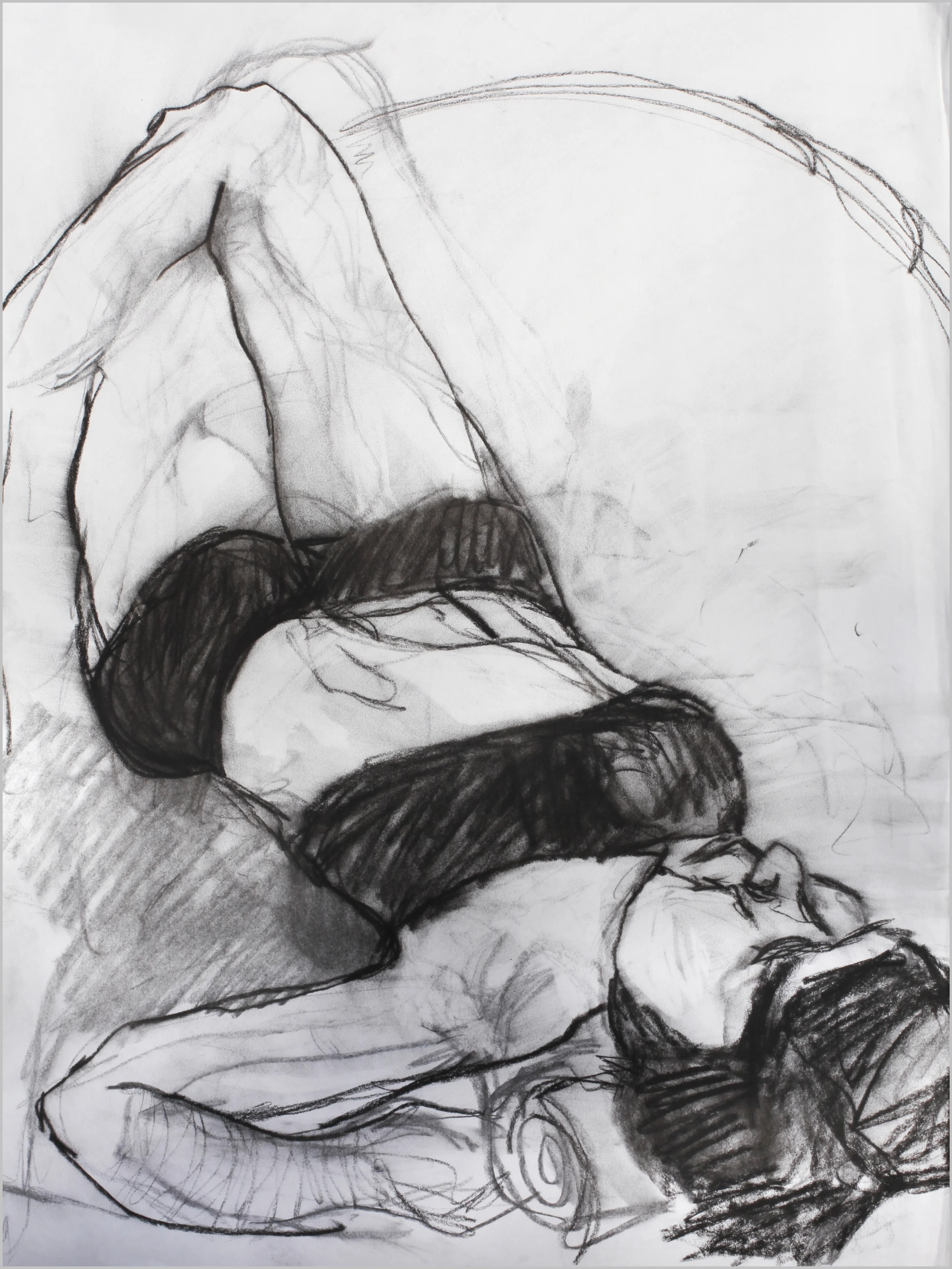 A black and white sketch of a person lying on their side, with their back facing the viewer, partially covered by dark clothing, on a lounge or bed.