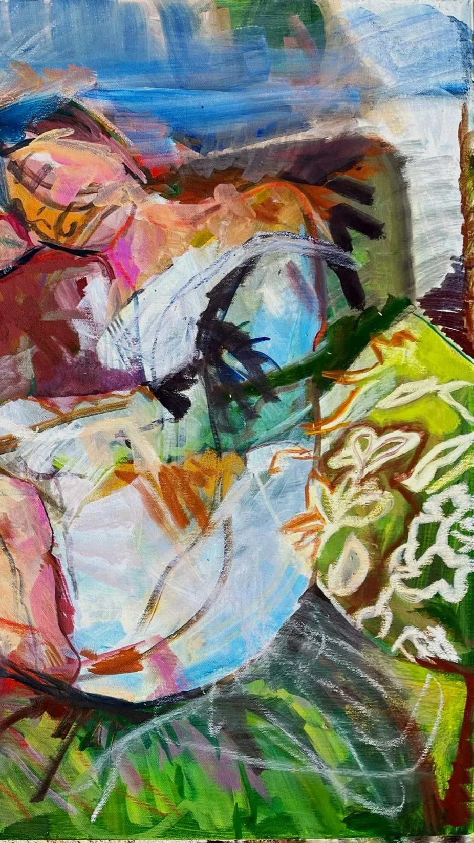 Abstract painting with vibrant colors including blues, greens, pinks, and whites, featuring various shapes and brushstrokes.