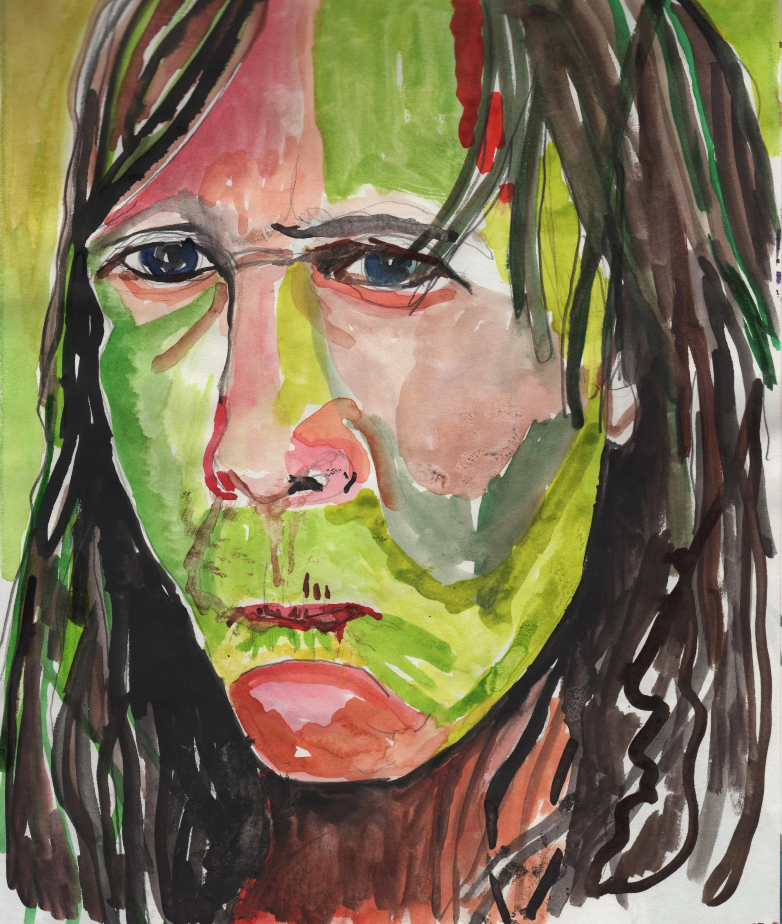 A watercolor portrait of a woman with long, dark hair, green face, and blue eyes, staring at the viewer