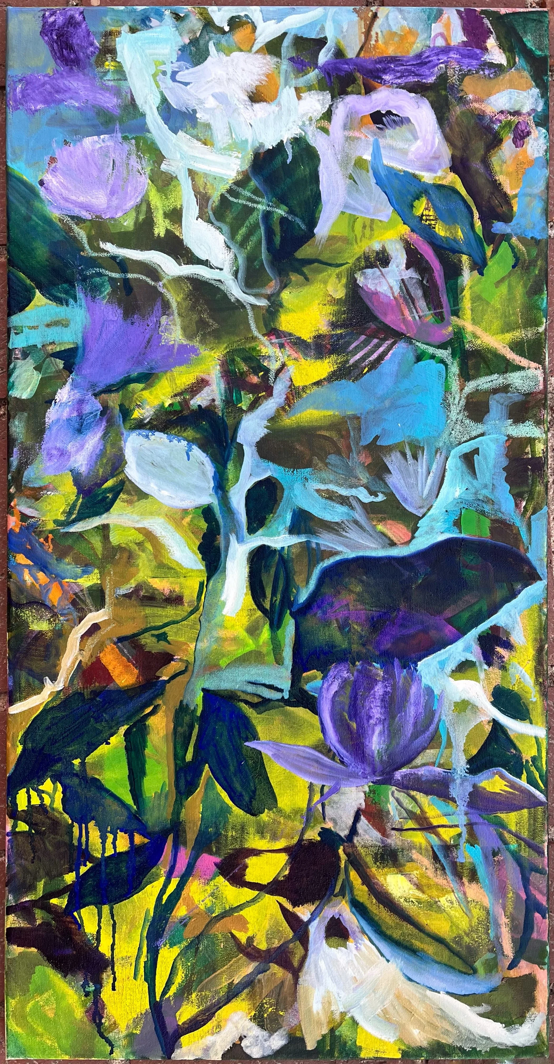 Abstract painting of flowers with vibrant colors including purple, white, blue, green, yellow, and black, using bold brushstrokes and layering.