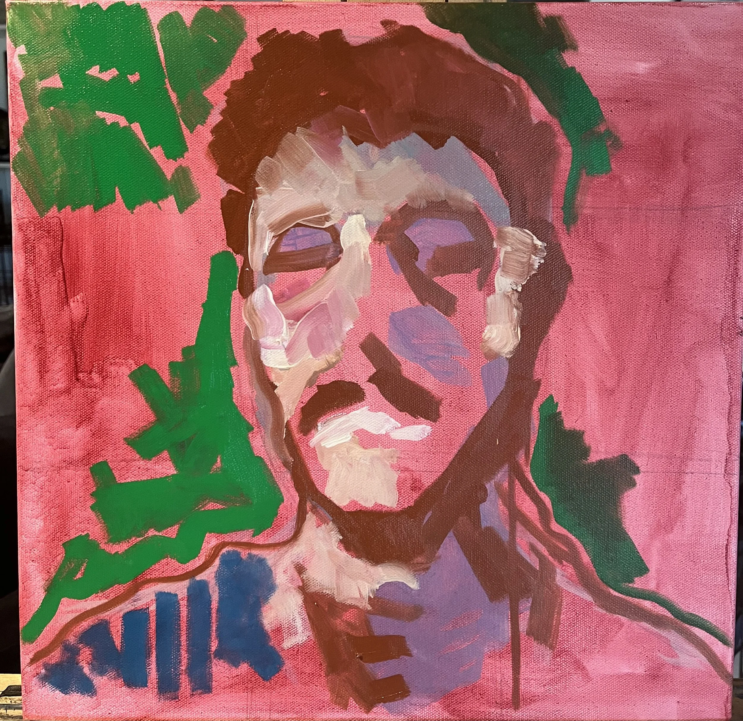 Abstract painting of a woman's face with prominent lips and eyes, using bold brush strokes in purple, pink, green, and brown, on a pink background.