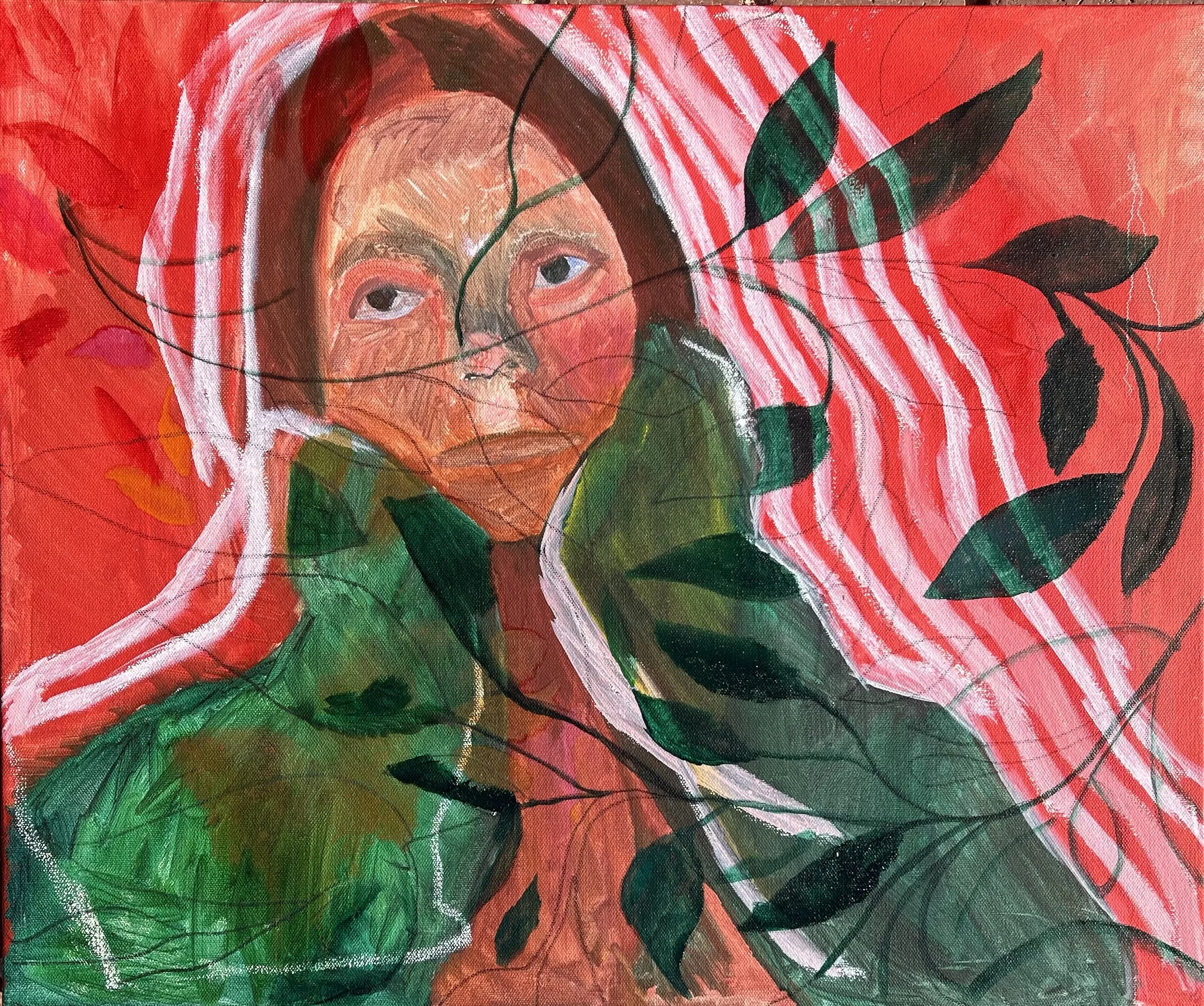 Painted portrait of a woman with brown hair against a red background with white and pink stripes, surrounded by green and black leaves.
