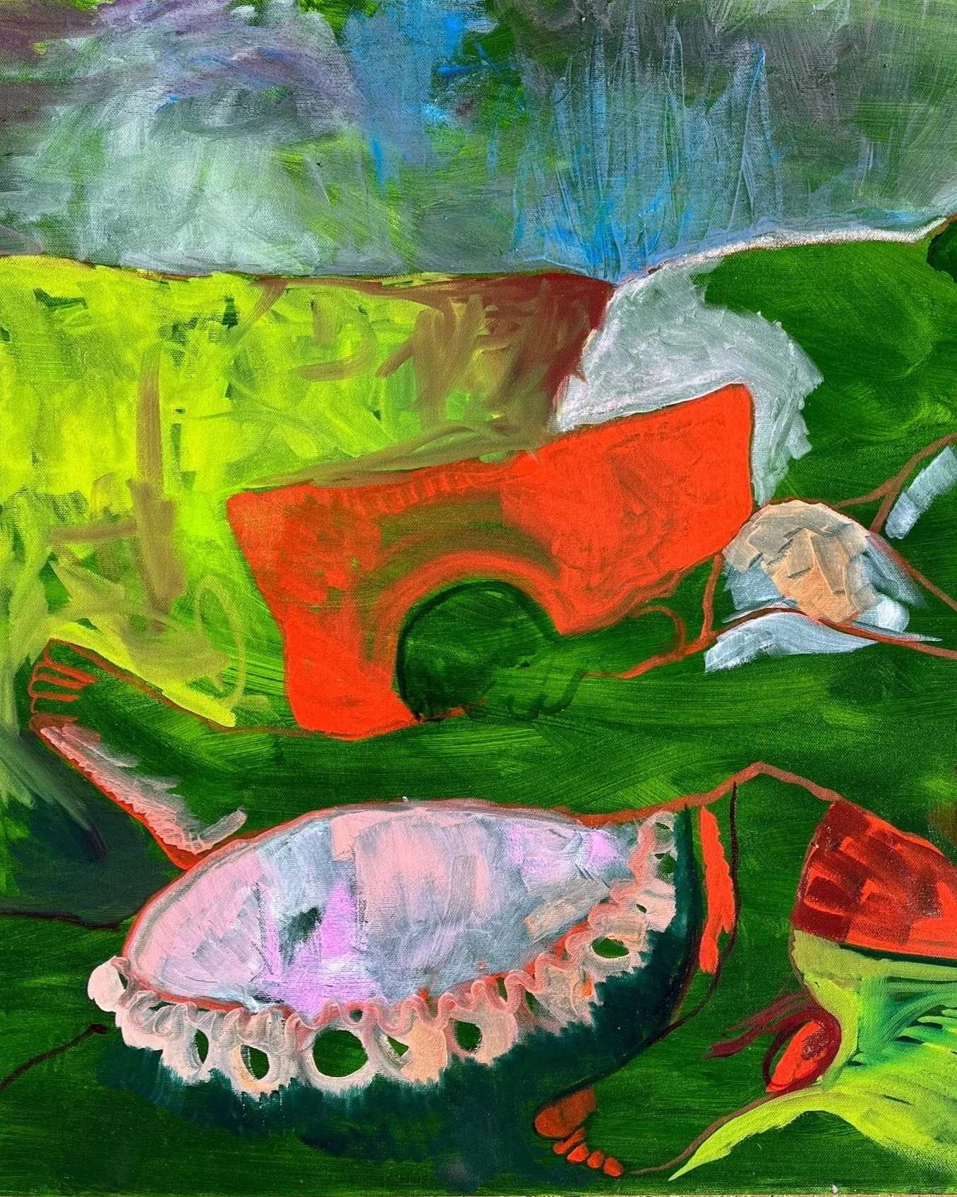 Abstract painting of a still life scene featuring a red cup, a grey bowl, and various green and yellow shapes, with some blue and white accents.
