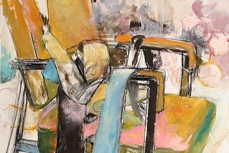 Abstract painting of machinery or industrial equipment in soft pastel colors.