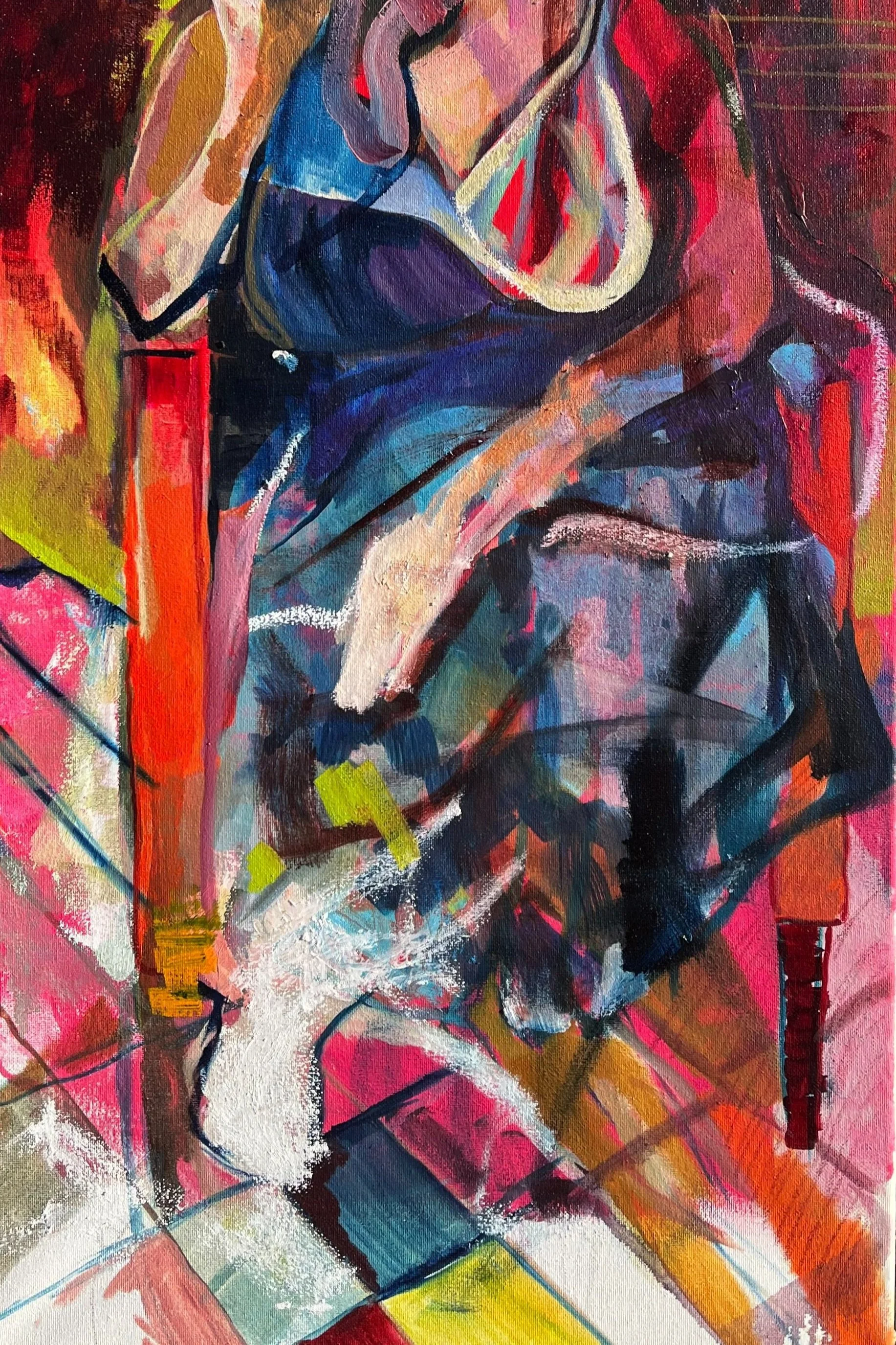 Abstract painting of a woman sitting, with colorful geometric shapes and bold strokes in shades of red, pink, blue, and black.