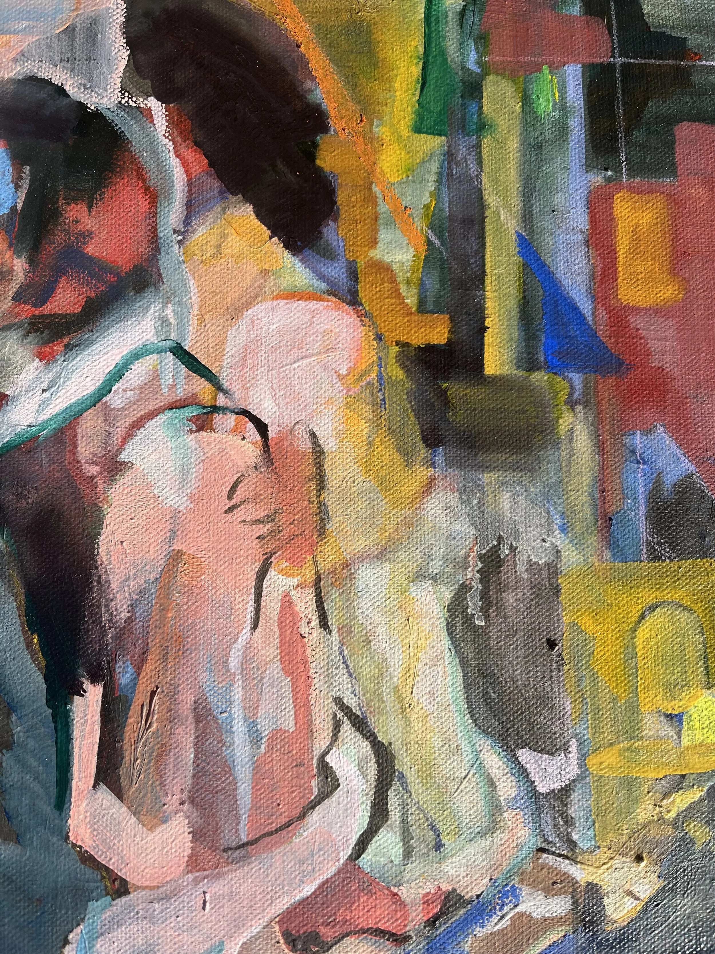 Abstract painting with human figures, vibrant colors, and expressive brushstrokes.